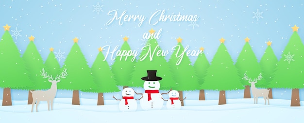 Merry Christmas and Happy new year winter landscape reindeer snowman and christmas trees on snow