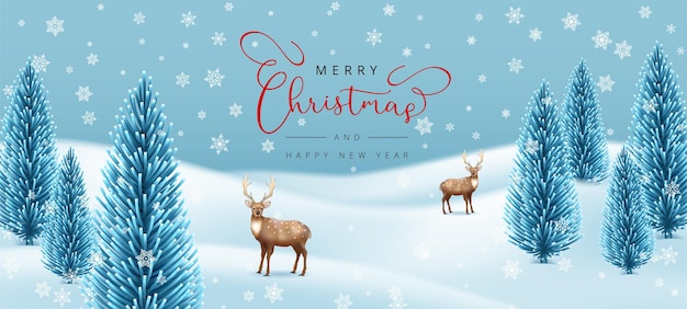 Merry Christmas and Happy New Year winter landscape with fir trees and deer