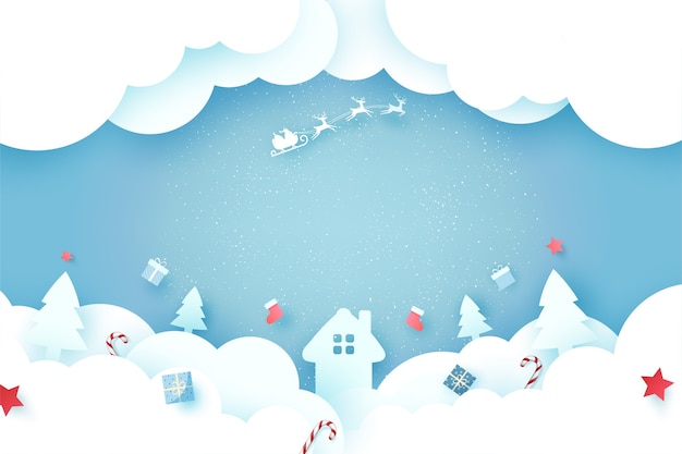 Merry Christmas and Happy New Year.Winter season landscape with Santa Claus in sleigh.