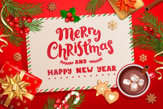 Lettera di auguri di buon natale e felice anno nuovo su sfondo rosso con decorazioni natalizie tradizionali: scatola regalo con fiocco in oro, bastoncino di zucchero, ramo, fiocchi di neve, cacao e marshmallow. illustrazione vettoriale