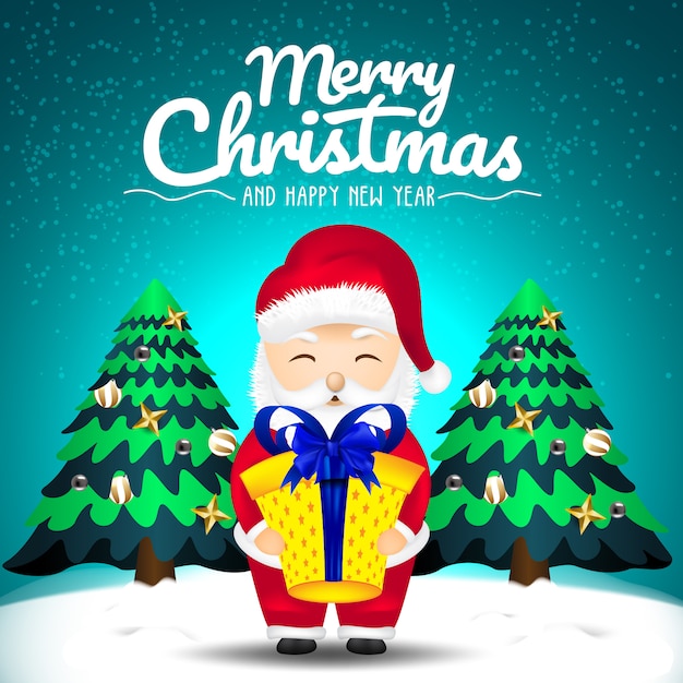 Merry christmas and happy new year with a cartoon santa claus bringing gifts