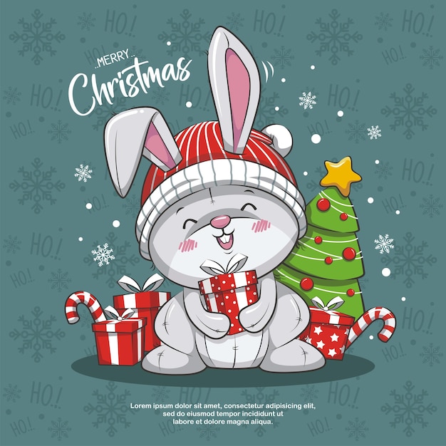 Счастливого Рождества и счастливого Нового года с милым маленьким кроликом Санта-Клаусом в красной шапке