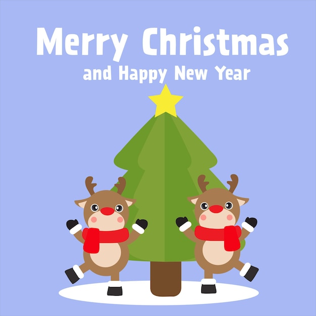 Vector merry christmas and happy new year with cute reindeer  card