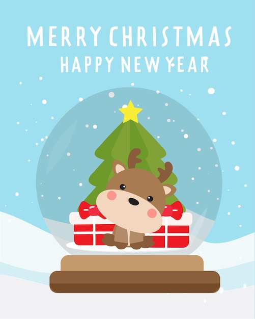 Vector merry christmas and happy new year with cute  reindeer card