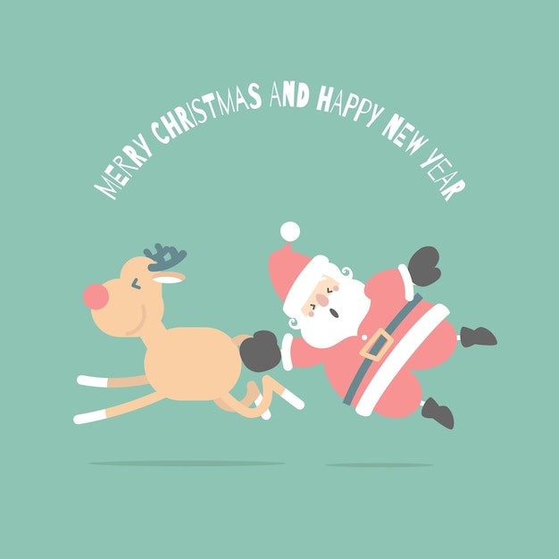 Vector merry christmas and happy new year with cute santa claus and reindeer in the winter season