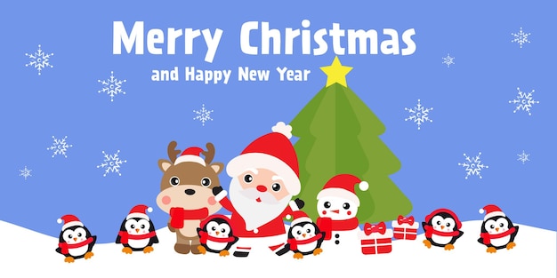 Merry christmas and happy new year with cute santa clause and friends