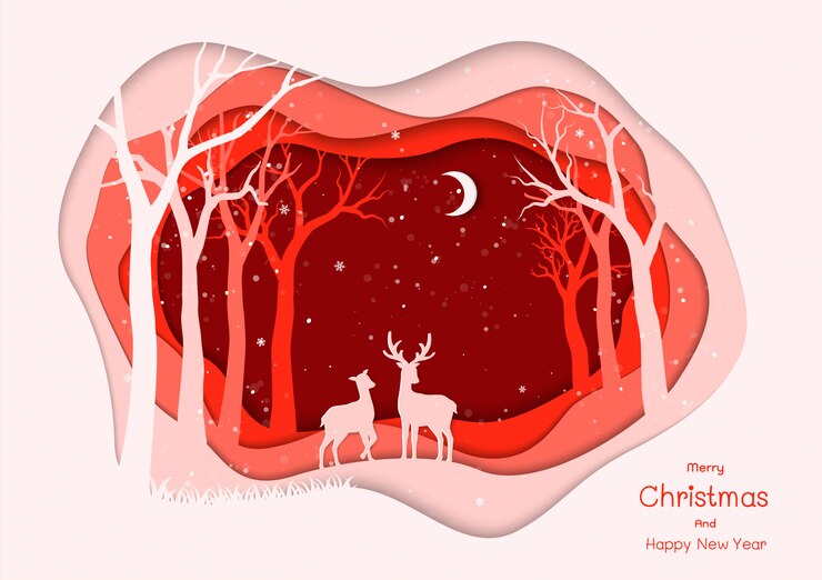 Vector merry christmas and happy new year with deer family on red winter night illustration 