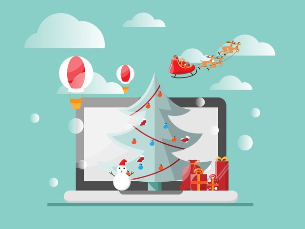 Vector merry christmas and happy new year with laptop christmas tree giftbox, online holiday concept