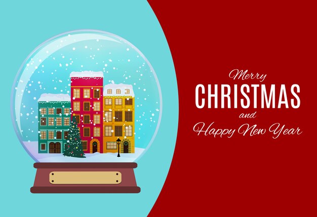 Buon natale e felice anno nuovo con piccola città in stile retrò. illustrazione