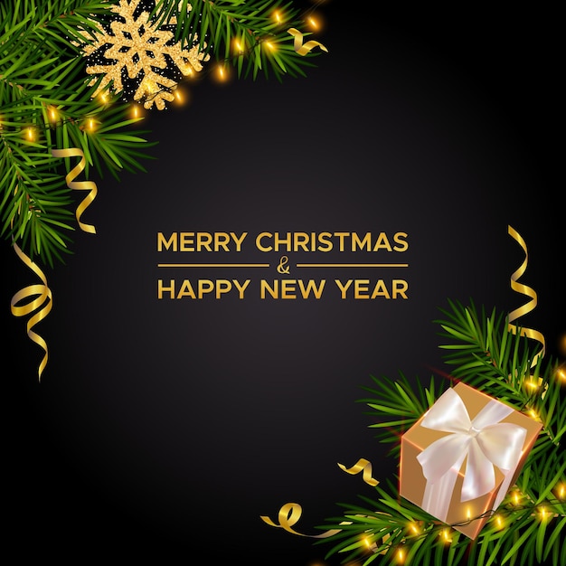 Vector merry christmas and happy new year with pine branches gifts box glitter gold snowflake serpentine