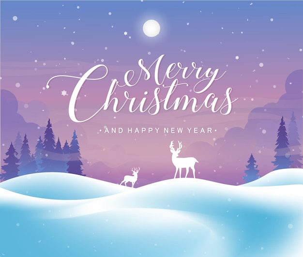 Merry christmas and happy new year with snow forest and pastel sky illustration