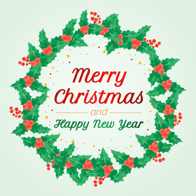 Merry christmas and happy new year wreath greeting card