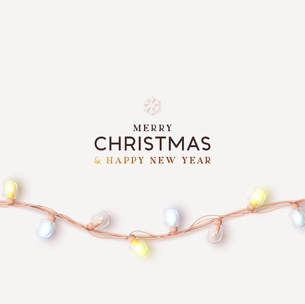 Merry Christmas and Happy New Year. Xmas background realistic design decoration light garlands. Soft pastel colors. Minimal Christmas poster, holiday banner, flyer, stylish brochure, greeting card.