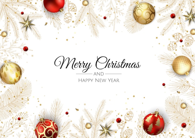 merry christmas and happy new year. xmas background with poinsettia, snowflakes, star and balls design. greeting card