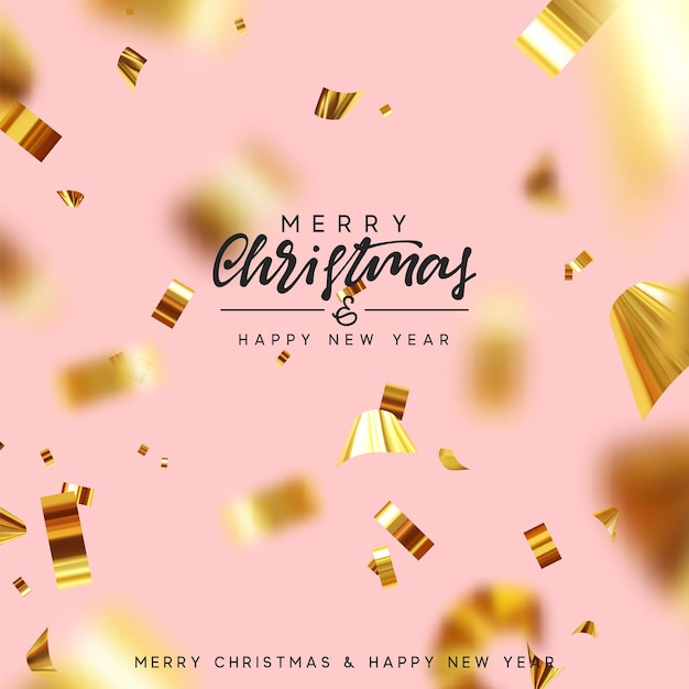 Merry Christmas and Happy New Year. Xmas background with realistic falling glitter gold confetti. Holiday greeting cards. Vector illustration