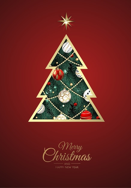Vector merry christmas and happy new year. xmas background with xmas tree, snowflakes, star and balls . greeting card, holiday banner, web poster