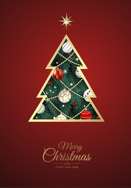 Vettore buon natale e felice anno nuovo. sfondo di natale con albero di natale, fiocchi di neve, stelle e palline. biglietto di auguri, banner per le vacanze, poster web