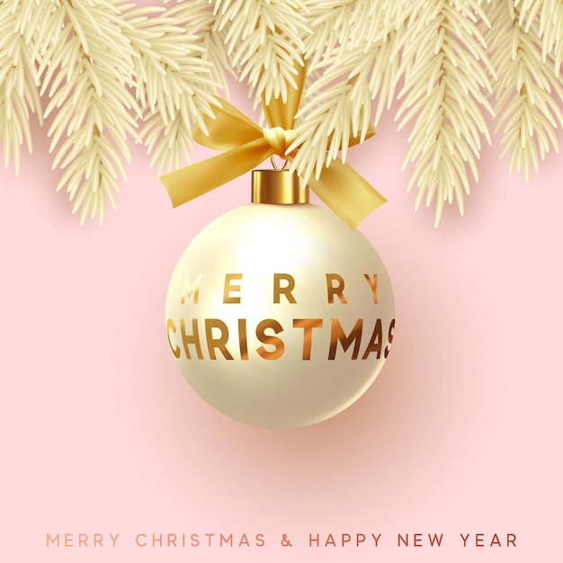 Merry Christmas and Happy New Year. Xmas decoration beige golden ball hanging on ribbon with bow. Festive background decor pine branches and round bauble. Greeting card, banner, web poster