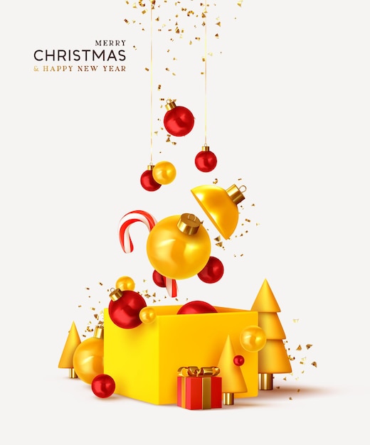 Merry Christmas and Happy New Year. Xmas design realistic abstract 3d objects. Gift box, bright bauble ball hanging from ribbon, conical pine tree, spruce, Soft yellow-red colors. vector illustration