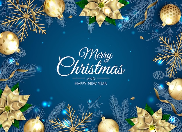 Merry Christmas and Happy New Year. Xmas Festive background with realistic 3d objects, blue and gold balls.