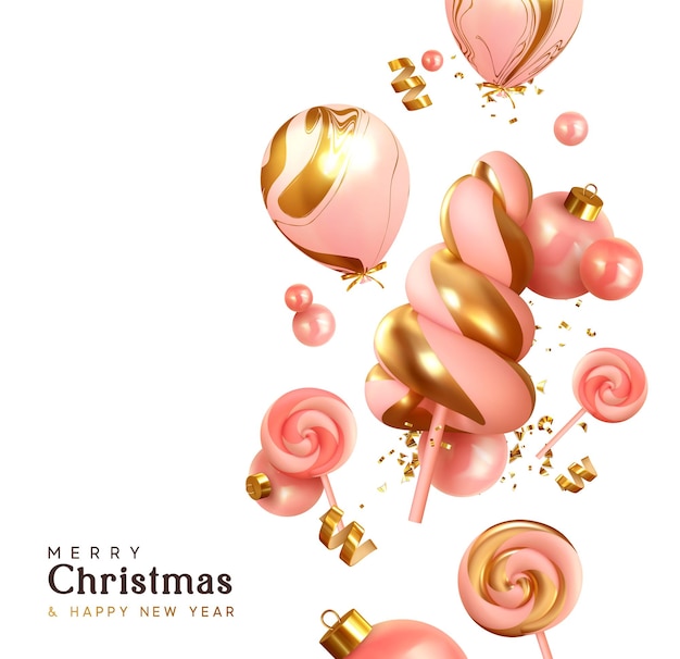 Merry Christmas and Happy New Year. Xmas Festive background with realistic 3d objects, pink helium balloons, decor bauble balls, candy cane on stick, rose color. Levitation falling design composition.