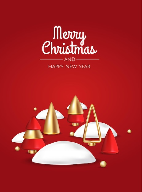 Merry christmas and happy new year xmas festive background with realistic 3d objects red and gold xmas tree