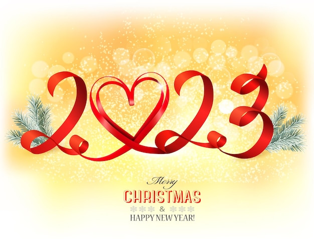 Merry Christmas and Happy New Year Yellow Glowing Background with 2023 lettes and Red Ribbon Heart and Christmas Tree Branches Vector