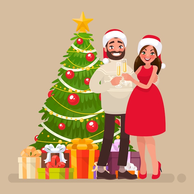 メリークリスマス、そして、あけましておめでとう。クリスマスツリーの若い家族。シャンパングラスと男女のカップル。漫画のスタイルで
