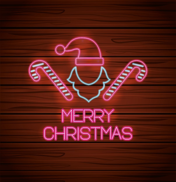 Merry christmas hat and canes with neon lights greeting card