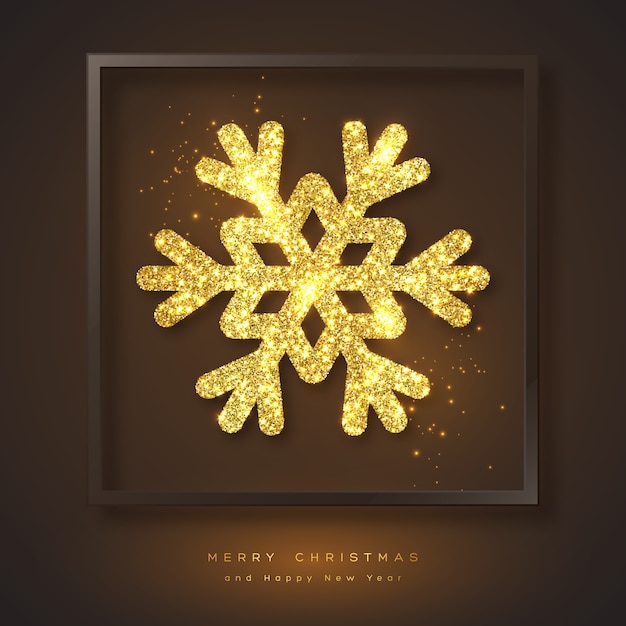 Merry Christmas holiday achtergrond met gouden sneeuwvlok en frame. Glitter gloeiend ontwerp, zwarte achtergrond.