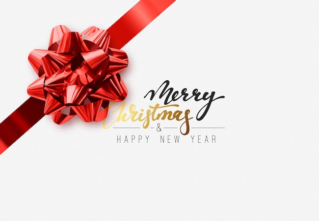 メリー クリスマス休日の背景。グリーティング カード、バナー、ポスター。手書きのテキスト、リアルなテクスチャーパターン、プルリボンの赤いリボン。