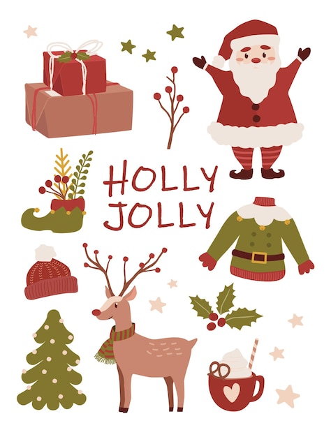 Merry christmas holiday illustration sticker set