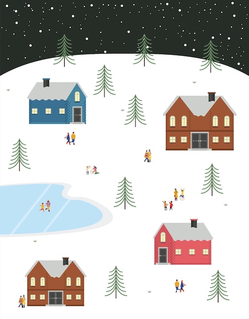 Merry christmas holiday season illustration snow village poster design
