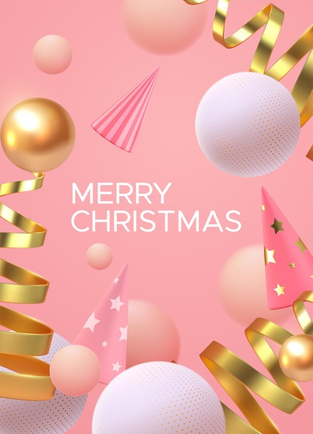 Merry Christmas holiday sign with abstract 3d shapes on soft pink background