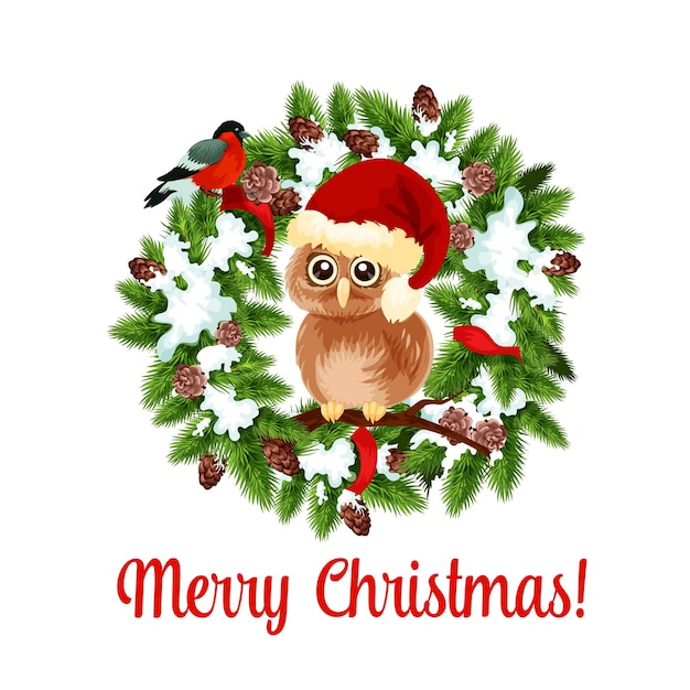 Merry Christmas holidays wish vector owl on wreath