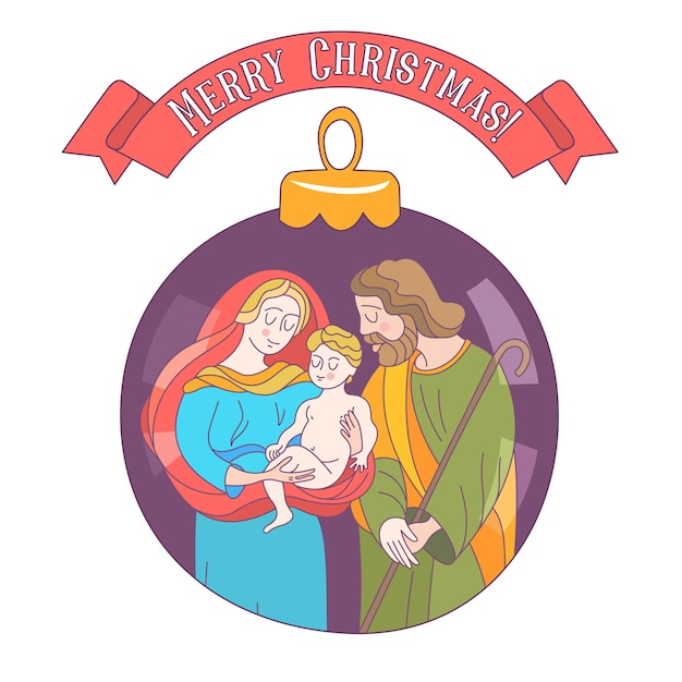 Vector merry christmas. the holy family. christmas ball.