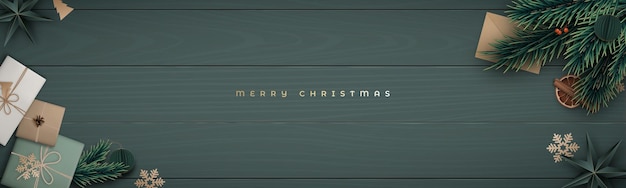 Merry Christmas horizontal banner with fir tree branch