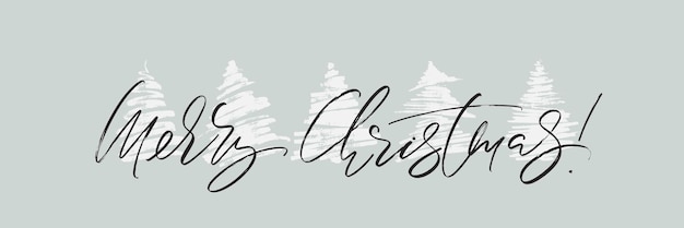 Merry Christmas horizontal greeting card design Holiday vector illustration with lettering composition and hand drawn chrismas trees silhouettes