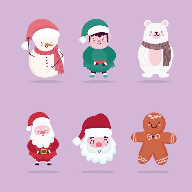 Merry christmas icons set characters santa helper bear snowman gingerbread man 