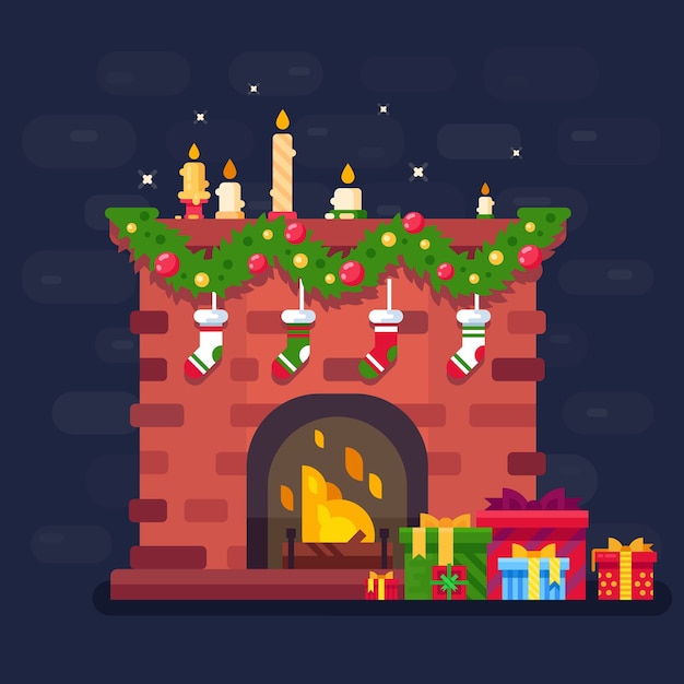 Merry Christmas! Illustration of Christmas fireplace with presents, decorations and candles. Flat 