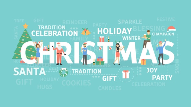 나무 선물과 산타 메리 크리스마스 일러스트 개념 단어