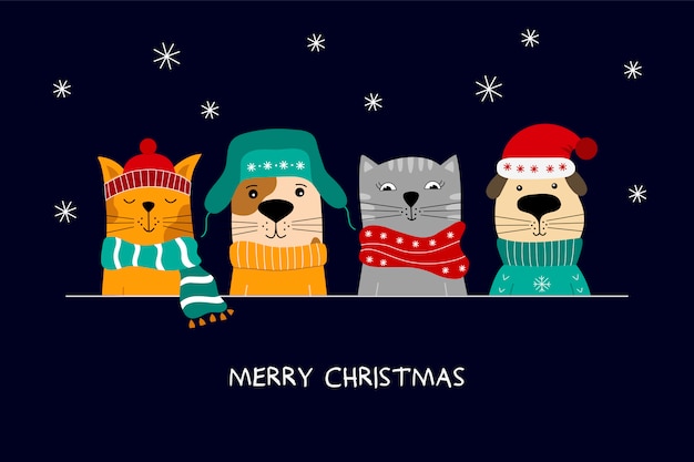 Illustrazione di buon natale di simpatici gatti e cani divertenti.