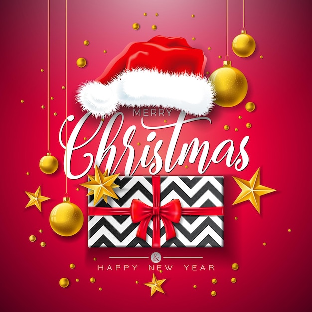 Merry christmas illustration with gift box santa hat gold glass ball star and typography elements