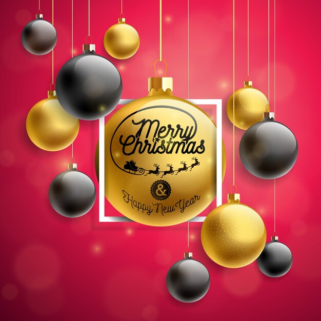 Vector merry christmas illustration with gold glass ball