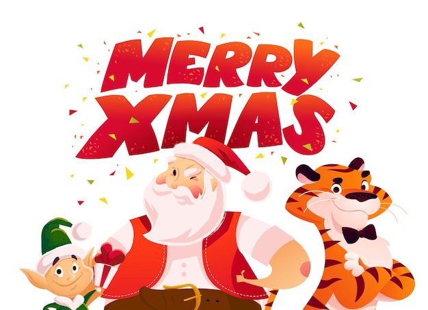 Illustrazione di buon natale con un piccolo nano, babbo natale, personaggi di tigre e congratulazioni di testo isolate. stile cartone animato piatto vettoriale. per banner, biglietti di vendita, poster, tag, web, flyer, pubblicità