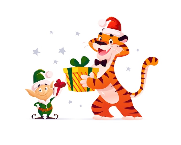 Illustrazione di buon natale con il piccolo elfo di babbo natale e la tigre in cappello di babbo natale che danno regali isolati. stile cartone animato piatto vettoriale. per banner, biglietti di vendita, poster, tag, web, volantini, pubblicità ecc.