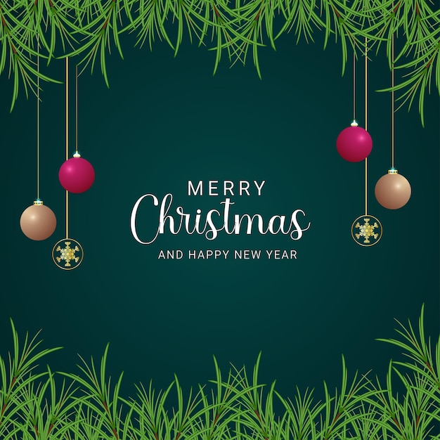 Vector merry christmas instagram posts with green leaves and balls with golden snowflakes