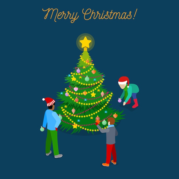 С рождеством христовым изометрическая открытка с елкой и детьми. иллюстрация