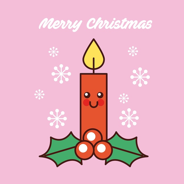 Vector merry christmas kawaii red candle happy decoration card