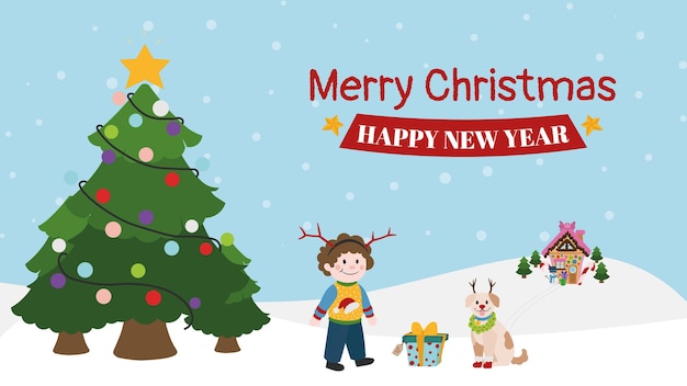 Merry Christmas kid and dog enjoy, flat design.